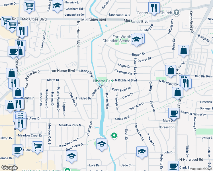 map of restaurants, bars, coffee shops, grocery stores, and more near 5904 Holiday Lane in North Richland Hills