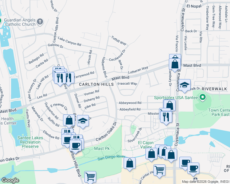 map of restaurants, bars, coffee shops, grocery stores, and more near 9600 Halberns Boulevard in Santee