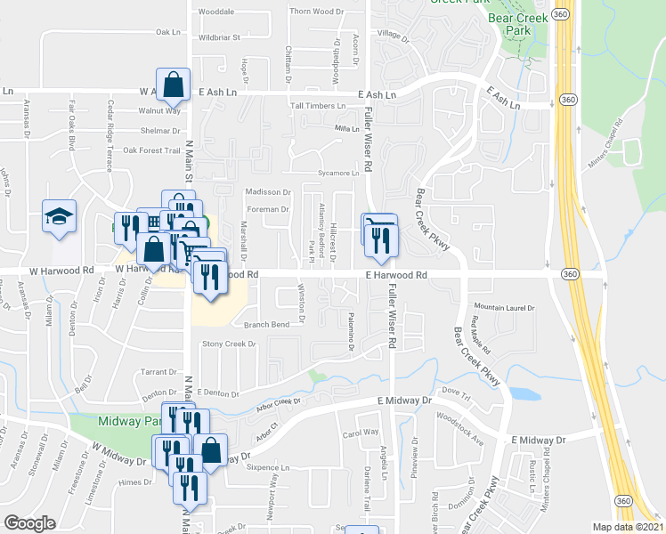 map of restaurants, bars, coffee shops, grocery stores, and more near 1100 Hillcrest Drive in Euless
