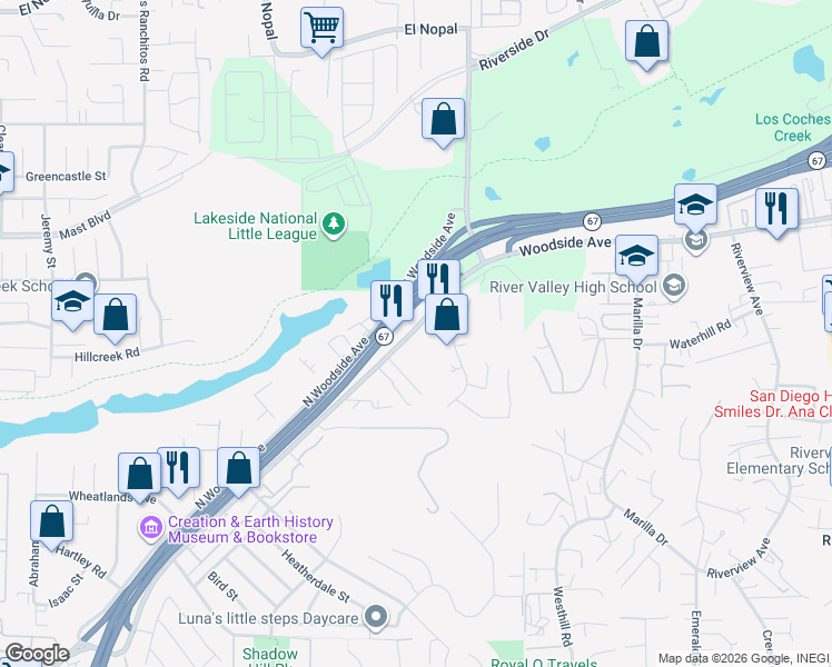 map of restaurants, bars, coffee shops, grocery stores, and more near 11529 Woodside Avenue in Santee