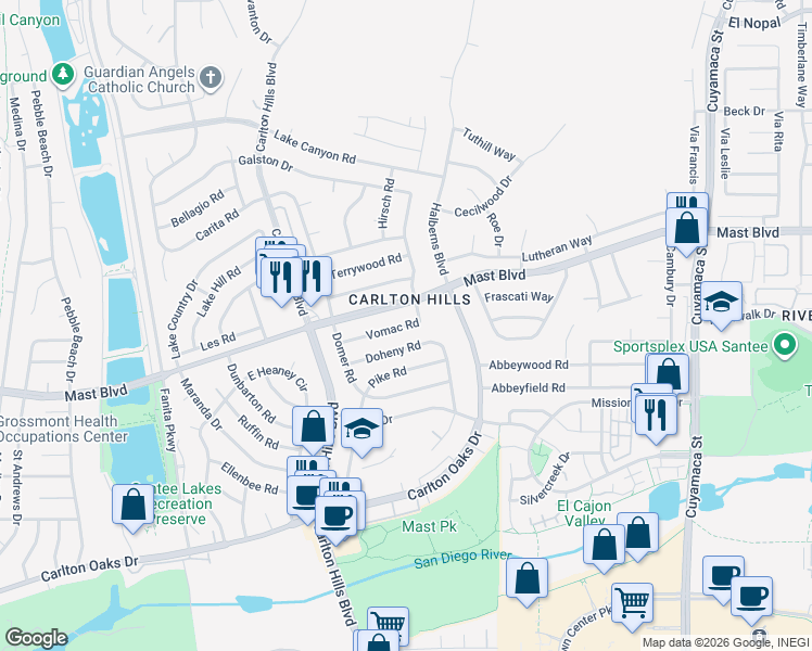 map of restaurants, bars, coffee shops, grocery stores, and more near 9447 Wharton Road in Santee
