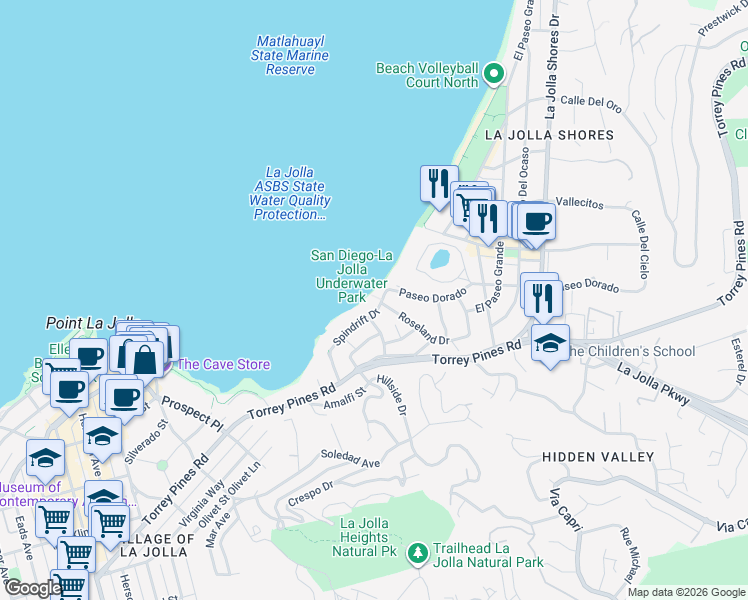 map of restaurants, bars, coffee shops, grocery stores, and more near 1919 Spindrift Drive in San Diego