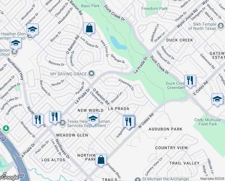 map of restaurants, bars, coffee shops, grocery stores, and more near 5518 Hidalgo Court in Garland