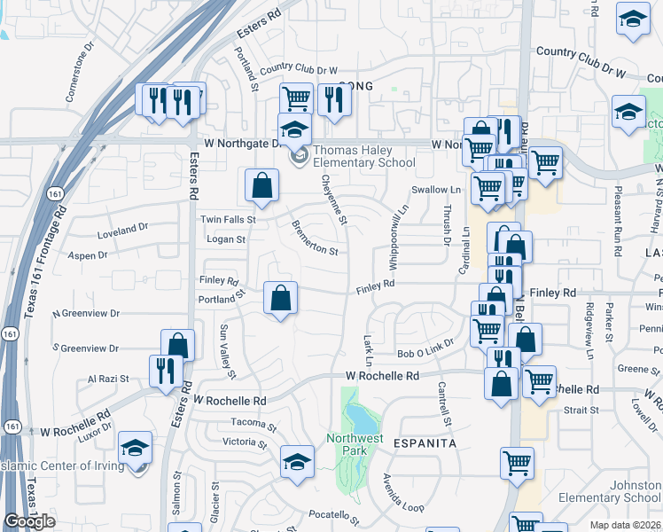 map of restaurants, bars, coffee shops, grocery stores, and more near 3826 Pendleton Court in Irving