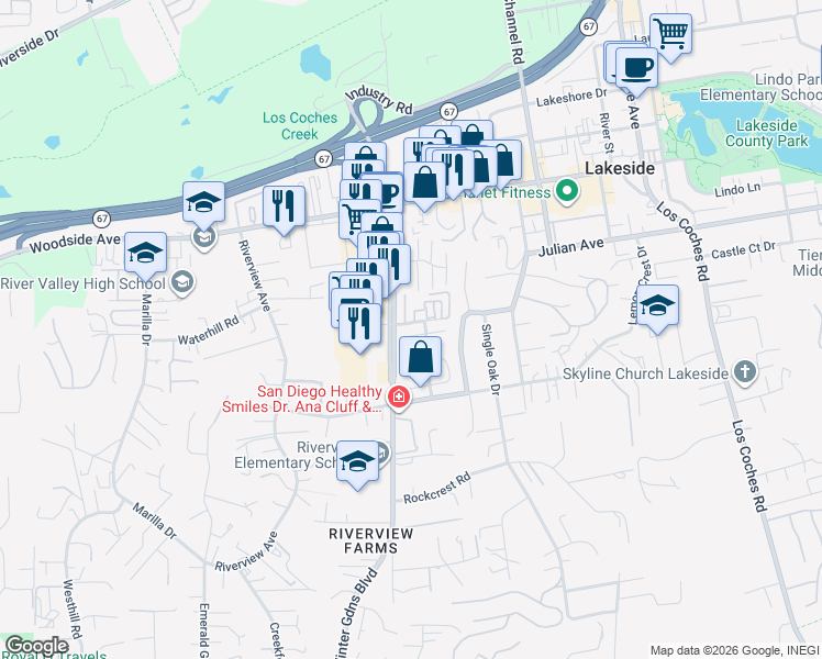 map of restaurants, bars, coffee shops, grocery stores, and more near in Winter Gardens