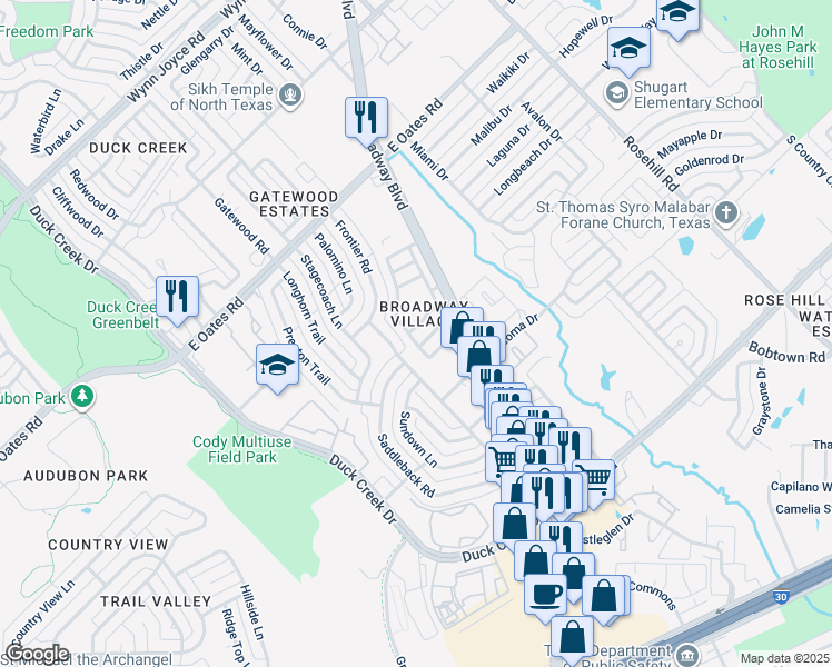 map of restaurants, bars, coffee shops, grocery stores, and more near 5226 Robin Road in Garland