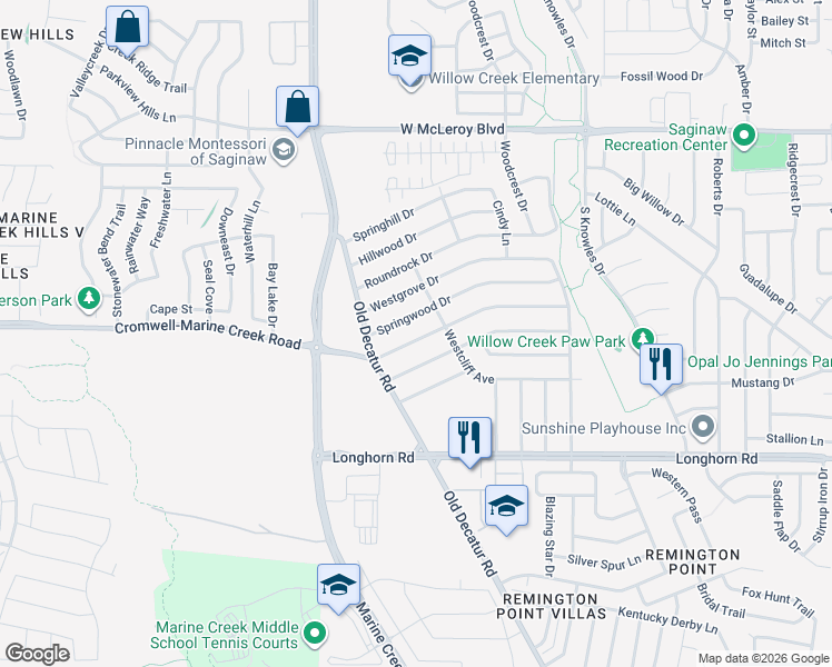 map of restaurants, bars, coffee shops, grocery stores, and more near 1120 West Hills Terrace in Saginaw