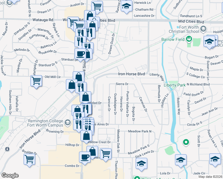 map of restaurants, bars, coffee shops, grocery stores, and more near 5718 Cancun Drive in North Richland Hills