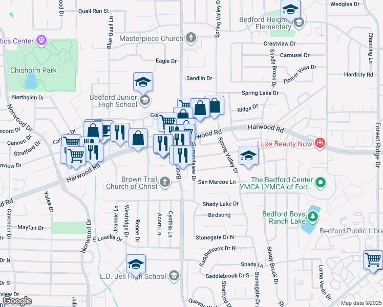 map of restaurants, bars, coffee shops, grocery stores, and more near 2801 Summit View Drive in Bedford