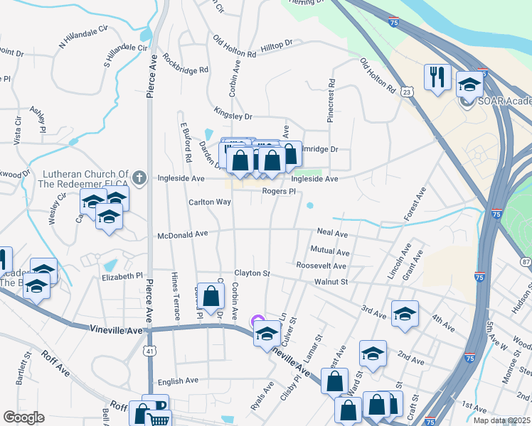 map of restaurants, bars, coffee shops, grocery stores, and more near 313 Rogers Avenue in Macon
