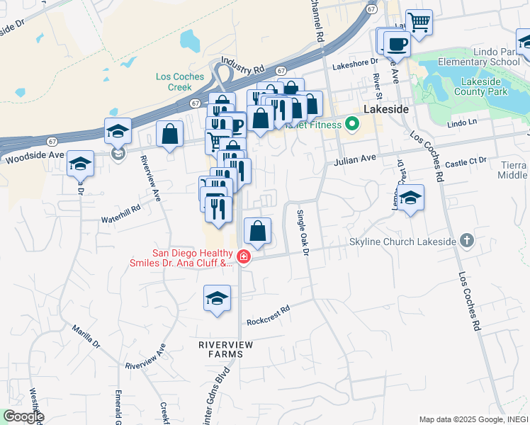 map of restaurants, bars, coffee shops, grocery stores, and more near 12149 Orange Crest Court in Lakeside