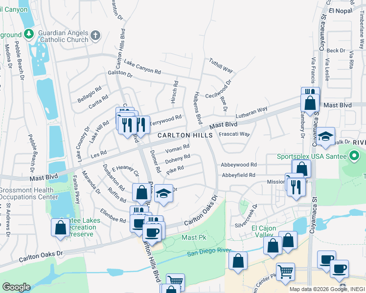 map of restaurants, bars, coffee shops, grocery stores, and more near 9447 Wharton Road in Santee