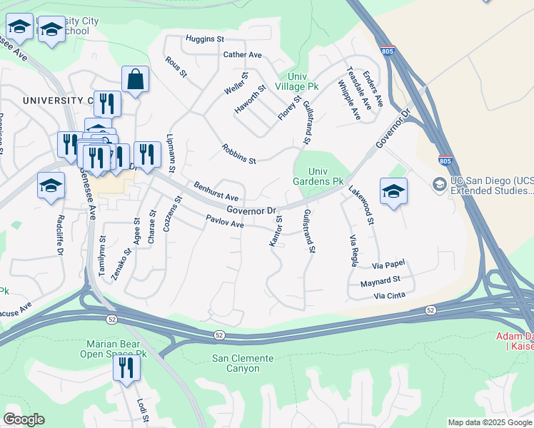 map of restaurants, bars, coffee shops, grocery stores, and more near 4550 Pavlov Avenue in San Diego