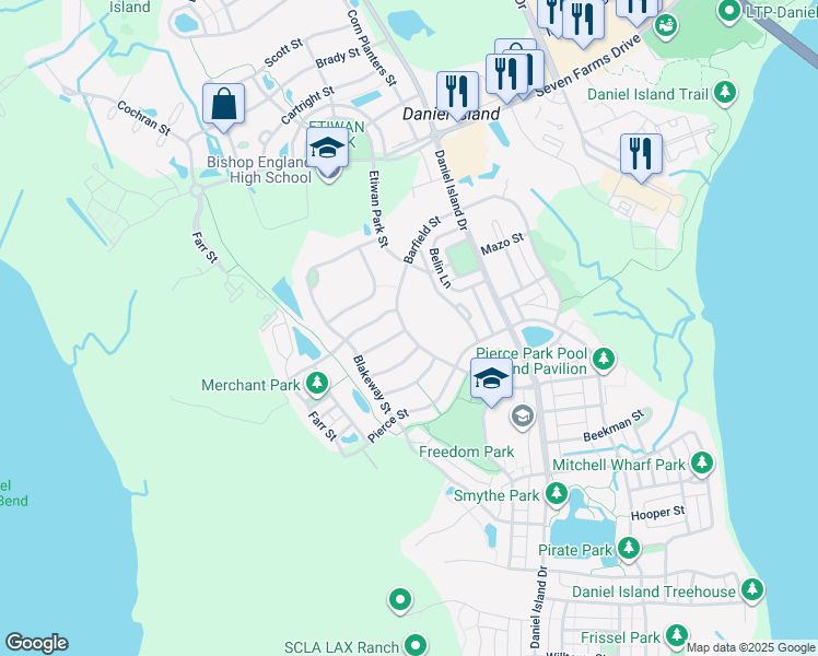 map of restaurants, bars, coffee shops, grocery stores, and more near 1023 Barfield Street in Charleston