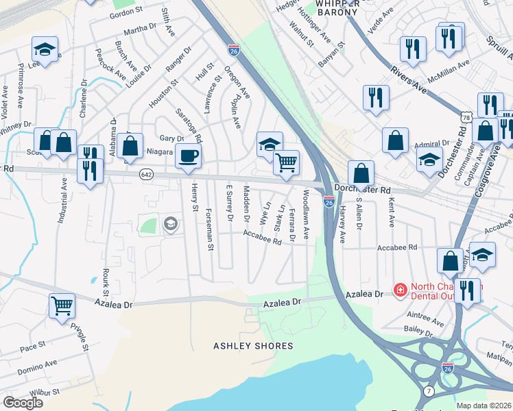 map of restaurants, bars, coffee shops, grocery stores, and more near 2616 Wye Lane in North Charleston