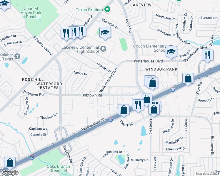 map of restaurants, bars, coffee shops, grocery stores, and more near 3502 Easton Meadows Drive in Garland