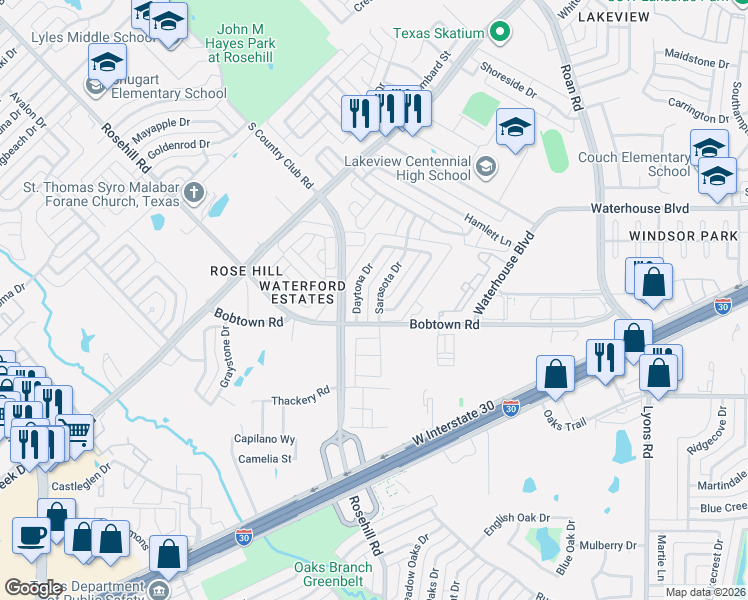 map of restaurants, bars, coffee shops, grocery stores, and more near 5326 Daytona Drive in Garland