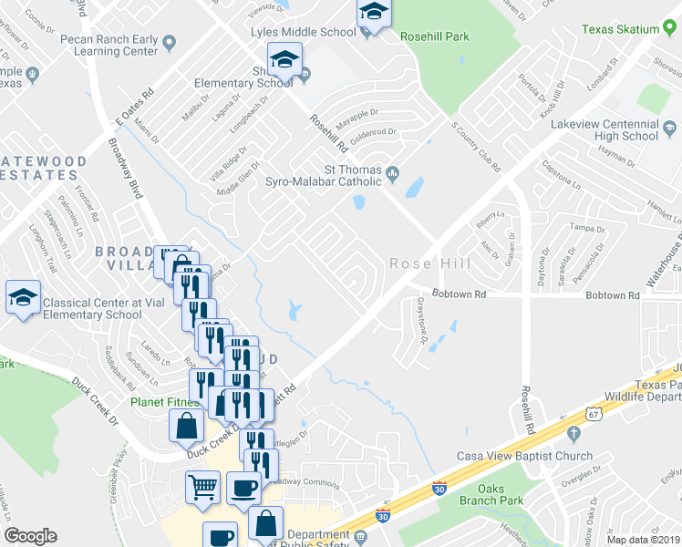 map of restaurants, bars, coffee shops, grocery stores, and more near 901 Meadowside Circle in Garland