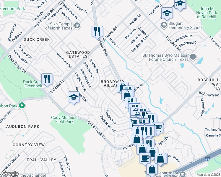 map of restaurants, bars, coffee shops, grocery stores, and more near 5226 Robin Road in Garland