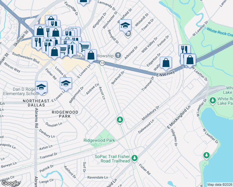map of restaurants, bars, coffee shops, grocery stores, and more near 7059 Bucknell Drive in Dallas