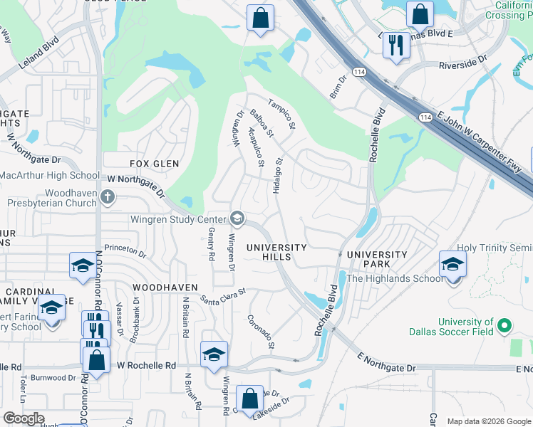 map of restaurants, bars, coffee shops, grocery stores, and more near 701 Rosita Street in Irving