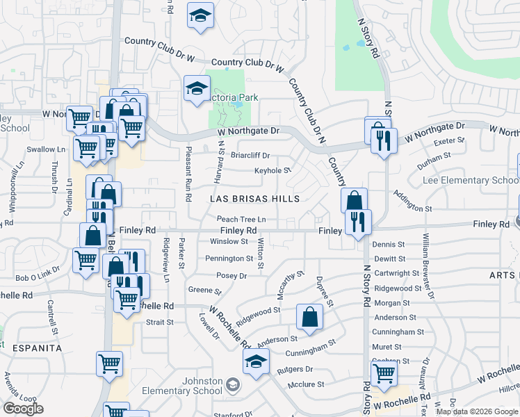 map of restaurants, bars, coffee shops, grocery stores, and more near 2509 Peach Tree Lane in Irving