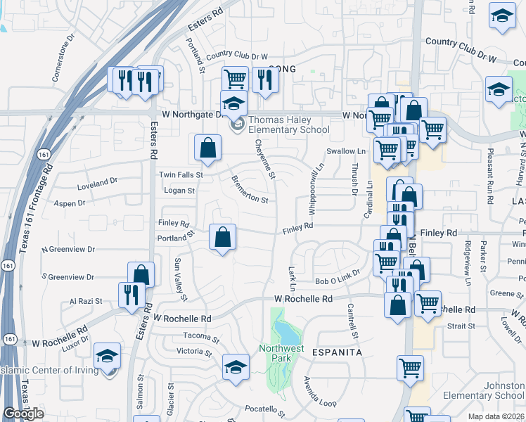 map of restaurants, bars, coffee shops, grocery stores, and more near 3826 Pendleton Court in Irving