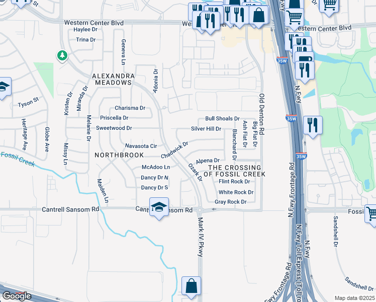 map of restaurants, bars, coffee shops, grocery stores, and more near 2613 Alpena Drive in Fort Worth
