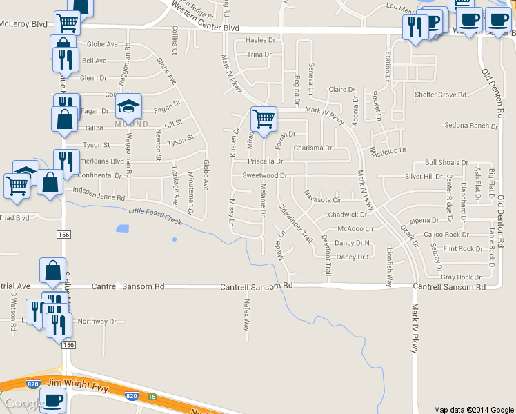 map of restaurants, bars, coffee shops, grocery stores, and more near 5932 Melanie Drive in Fort Worth