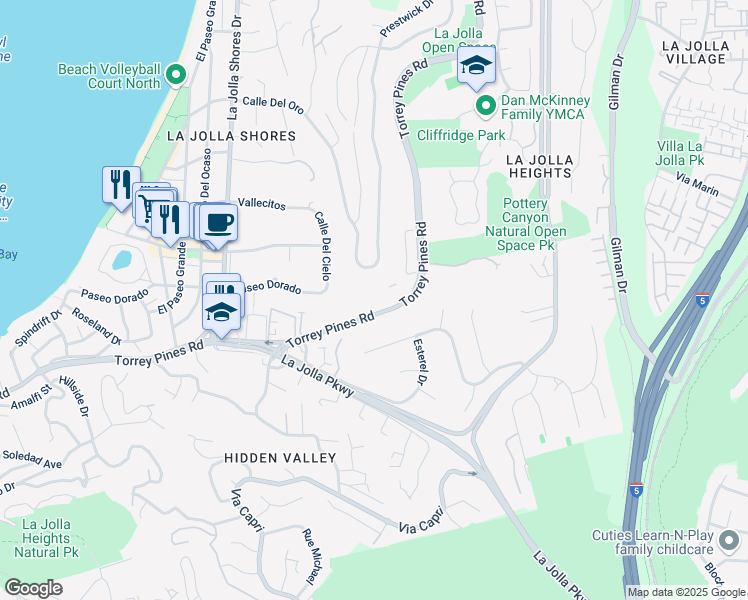 map of restaurants, bars, coffee shops, grocery stores, and more near 2630 Torrey Pines Road in San Diego