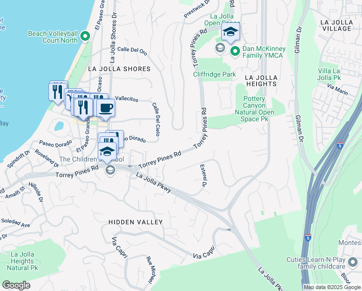 map of restaurants, bars, coffee shops, grocery stores, and more near 2610 Torrey Pines Road in San Diego