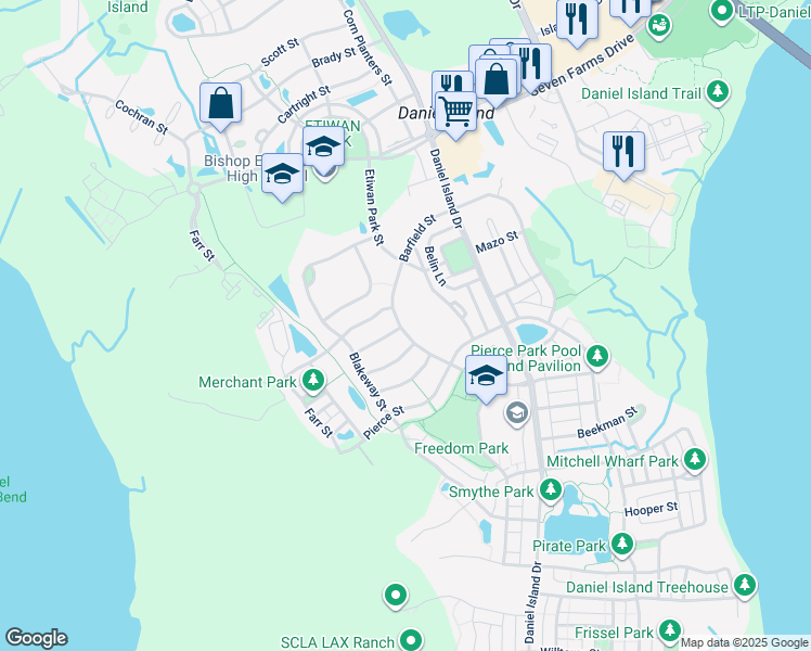 map of restaurants, bars, coffee shops, grocery stores, and more near 1023 Barfield Street in Charleston