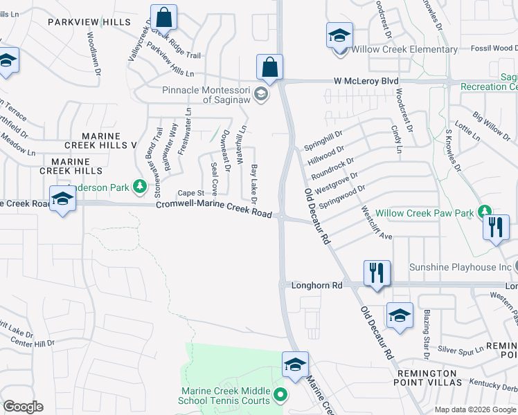 map of restaurants, bars, coffee shops, grocery stores, and more near 6300 Bay Lake Drive in Fort Worth