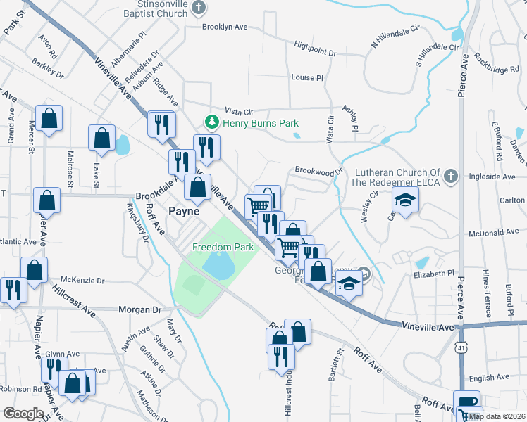 map of restaurants, bars, coffee shops, grocery stores, and more near 143 Marshall Avenue in Macon