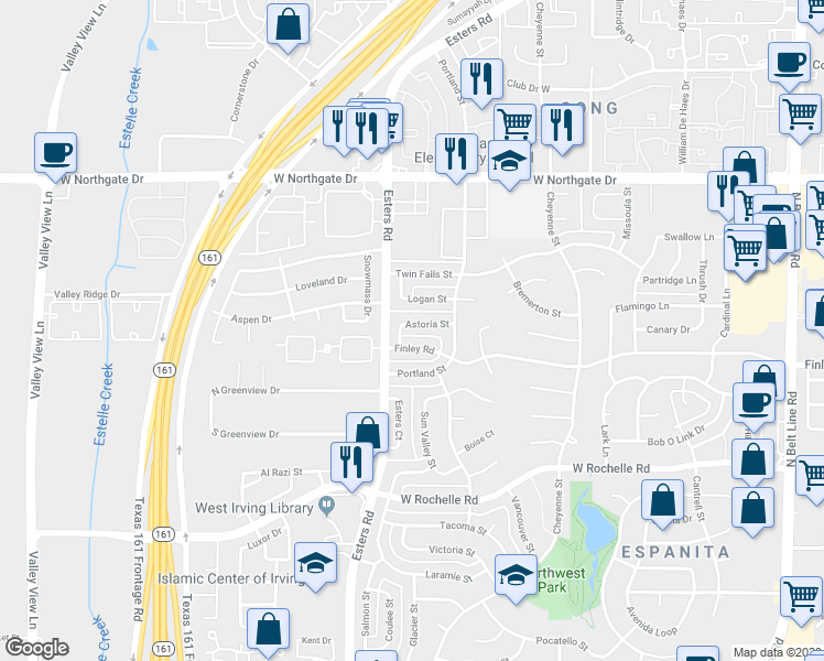 map of restaurants, bars, coffee shops, grocery stores, and more near 4109 Finley Road in Irving