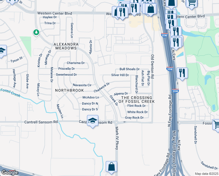 map of restaurants, bars, coffee shops, grocery stores, and more near 2613 Alpena Drive in Fort Worth