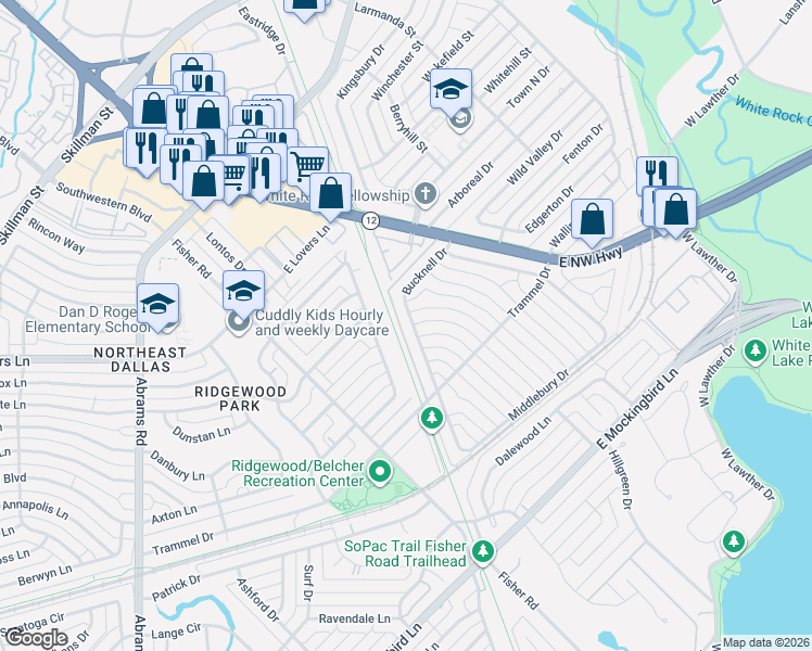 map of restaurants, bars, coffee shops, grocery stores, and more near 7059 Bucknell Drive in Dallas