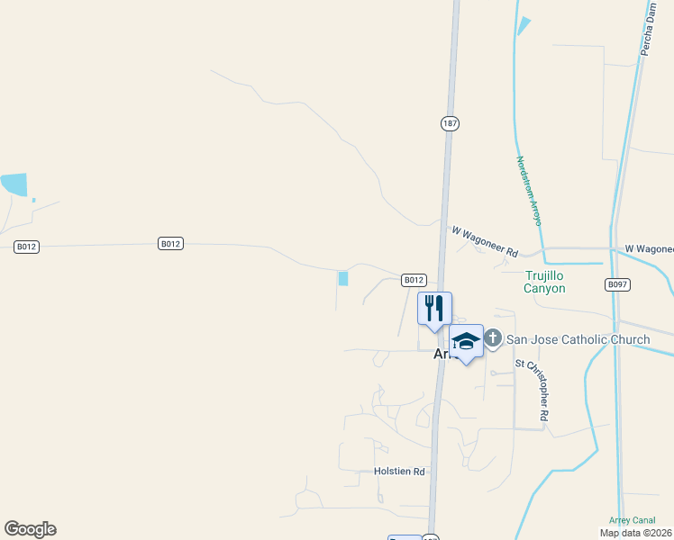 map of restaurants, bars, coffee shops, grocery stores, and more near County Road B012 in Arrey