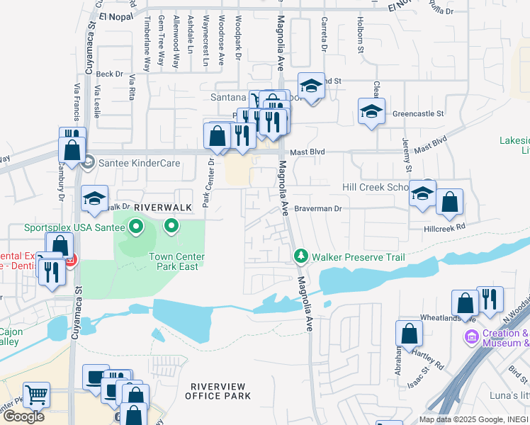 map of restaurants, bars, coffee shops, grocery stores, and more near 10366 Rochelle Avenue in Santee