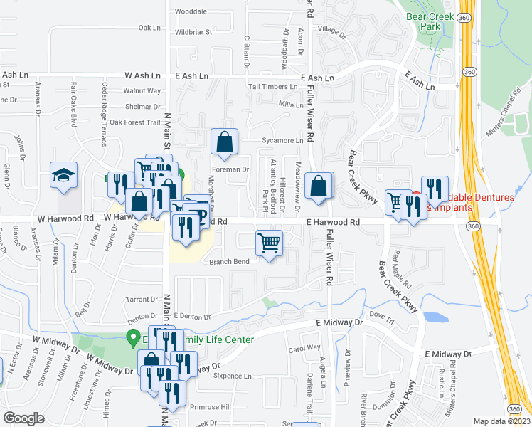 map of restaurants, bars, coffee shops, grocery stores, and more near 425 East Harwood Road in Euless