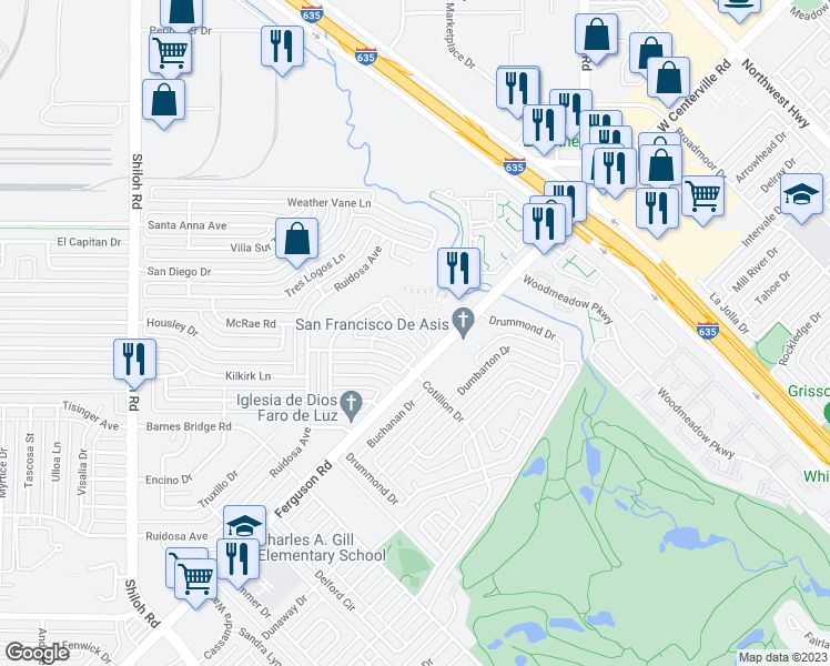 map of restaurants, bars, coffee shops, grocery stores, and more near 3839 Casa Del Sol Lane in Dallas