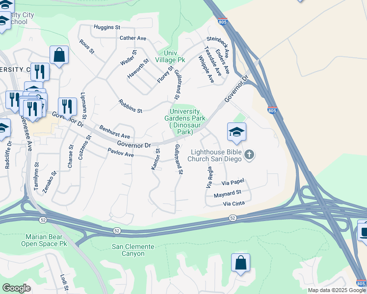 map of restaurants, bars, coffee shops, grocery stores, and more near 6335 Gullstrand Street in San Diego