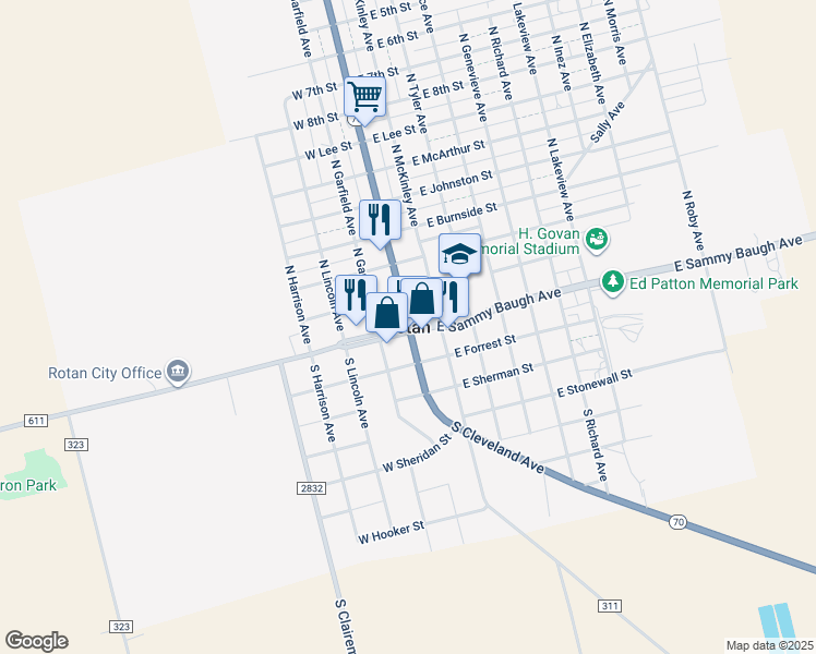map of restaurants, bars, coffee shops, grocery stores, and more near in Rotan
