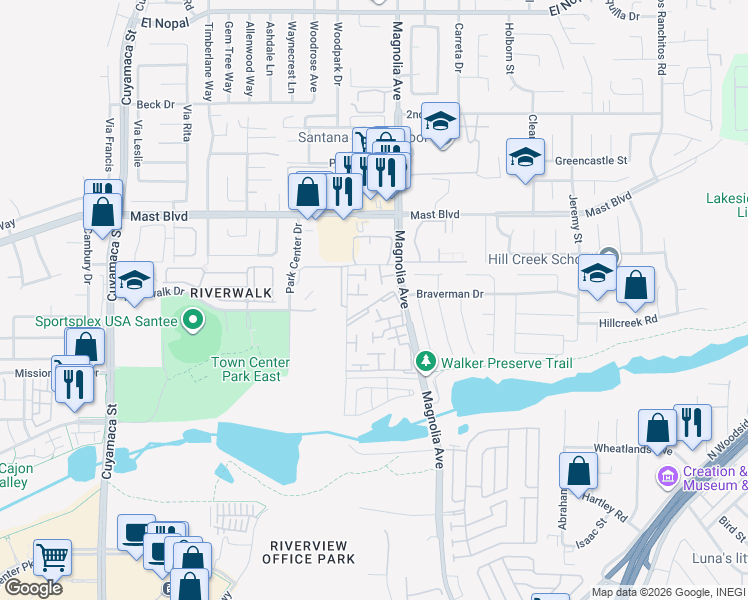 map of restaurants, bars, coffee shops, grocery stores, and more near 10366 Rochelle Avenue in Santee