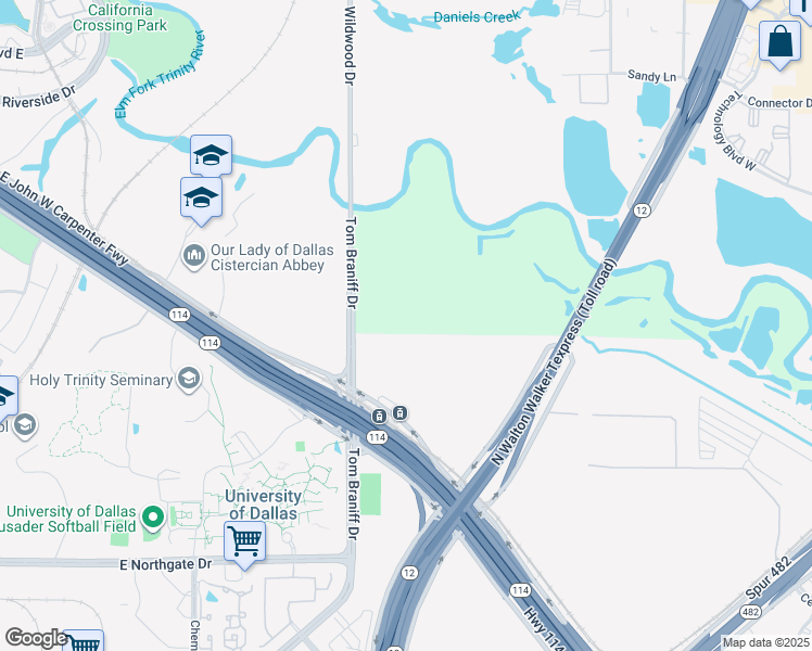 map of restaurants, bars, coffee shops, grocery stores, and more near 3002 Tom Braniff Drive in Irving