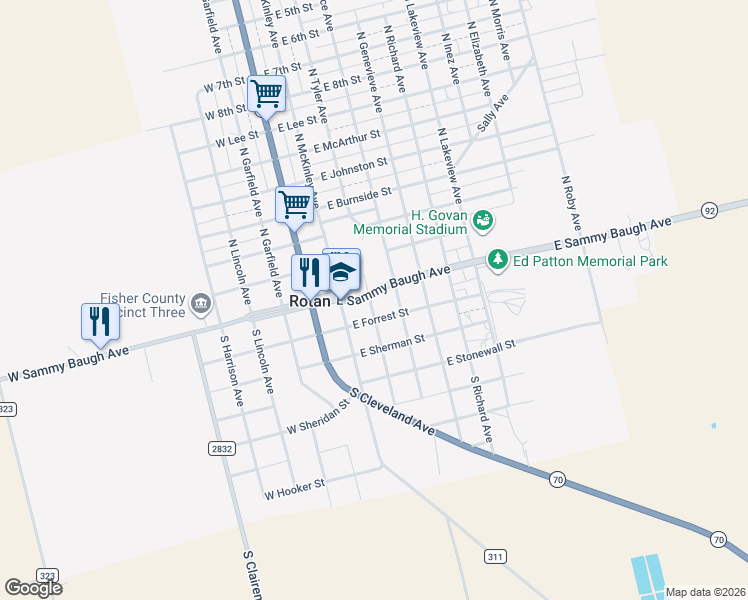 map of restaurants, bars, coffee shops, grocery stores, and more near 308 East Forrest Street in Rotan