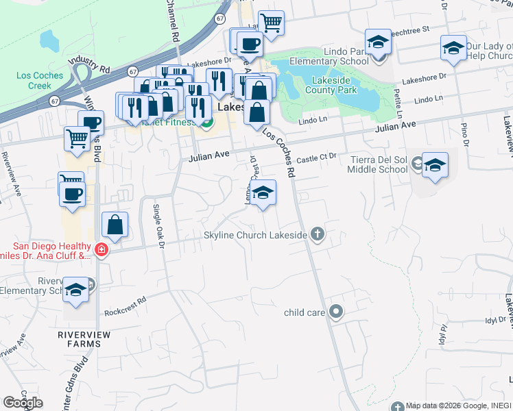 map of restaurants, bars, coffee shops, grocery stores, and more near 12463 Lemon Crest Drive in Lakeside