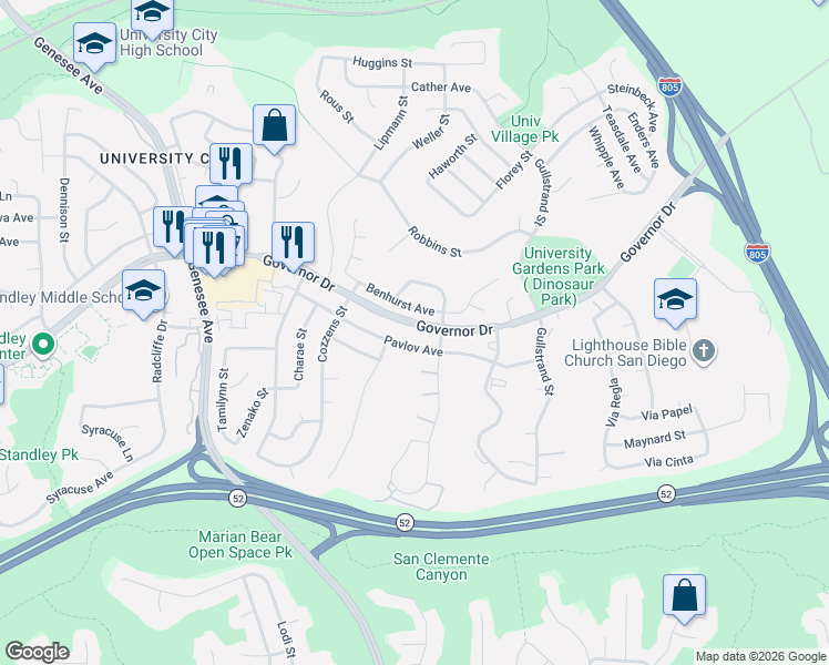 map of restaurants, bars, coffee shops, grocery stores, and more near 4421 Pavlov Avenue in San Diego