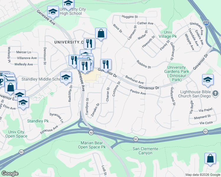 map of restaurants, bars, coffee shops, grocery stores, and more near 6076 Cozzens Street in San Diego