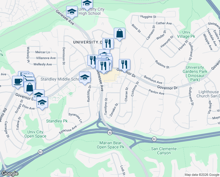 map of restaurants, bars, coffee shops, grocery stores, and more near 4133 Raya Way in San Diego